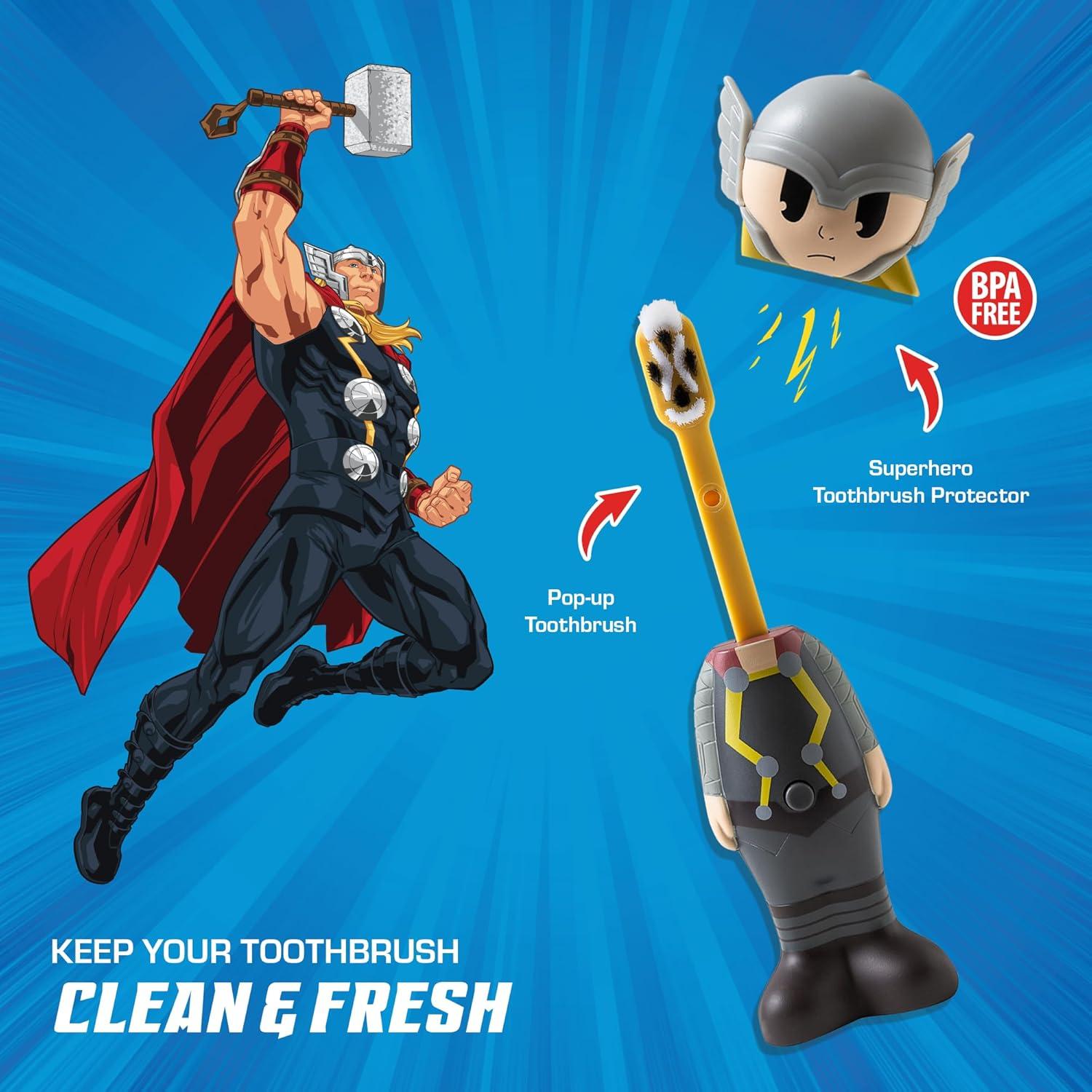image:imageBrush Buddies Marvel Thor Kids Toothbrush Soft Rounded Bristles Poppin Fun Superhero Toothbrush Cover