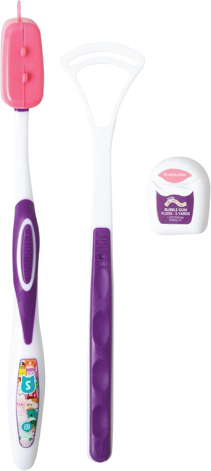 image:imageBrush Buddies Squishmallows Toothbrush Travel Kit Dental Kit with Toothbrush Tongue Scraper and Floss