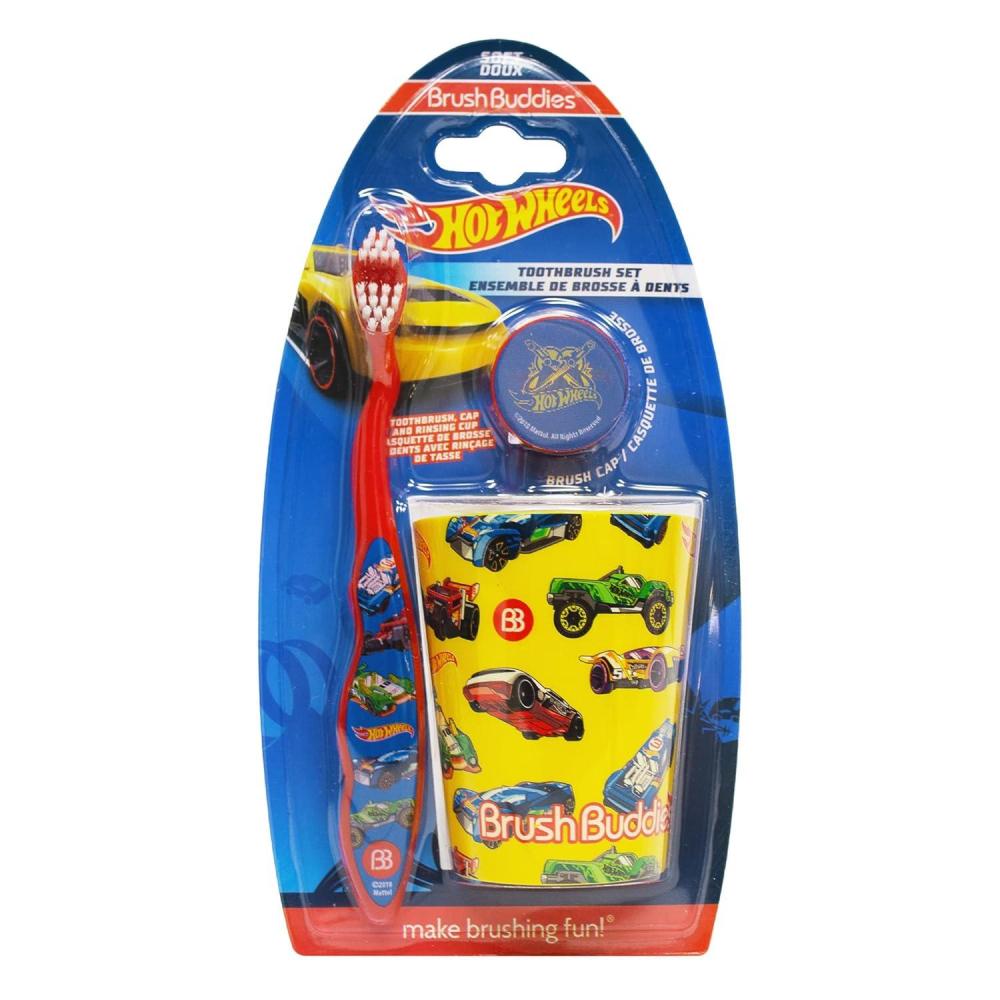 image:imageBrush Buddies Hot Wheels Kids Toothbrushes Kit Manual Toothbrushes for Kids Toothbrush for Toddlers 24 Years Travel Toothbrush Kit with Cover and Cup 3PC