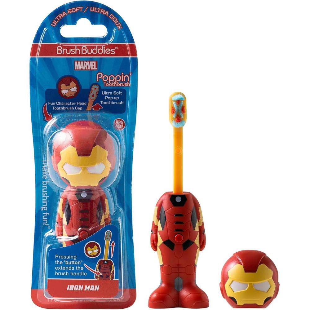 image:imageBrush Buddies Marvel Iron Man Kids Toothbrush Soft Rounded Bristles Poppin Fun Superhero Toothbrush Cover