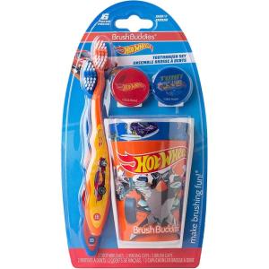 Brush Buddies Hot Wheels Kids Toothbrushes Kit, Manual Toothbrushes for Kids, Toothbrush for Toddlers 2-4 Years, Travel Toothbrush Kit with Covers and Cups, 6PC