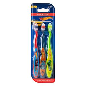 Brush Buddies Hot Wheels Manual Toothbrushes for Kids – 3 Pack | Soft Bristled Children’s Toothbrushes with Fun Multi-Colored Designs, Anti-Slip Grip Handles, Perfect for Toddlers, Home Use, or Travel(Red  Blue  Green)
