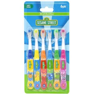 Brush Buddies Sesame Street Toothbrushes for Kids, Soft Bristle Toddler Toothbrushes Ages 2-4, Fun Sesame Street Designs, 6-Count Set