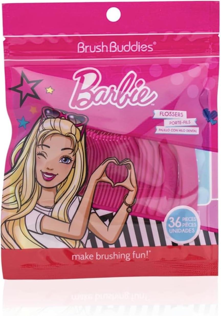image:imageBrush Buddies Barbie Kids Flossers 36 Count Pink Dental Floss Picks for Children Bubble Gum Flavor Fun Oral Care Easy Grip Tooth Cleaning Toddler Dental Flossers Barbie Themed1