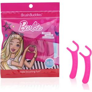 Brush Buddies Barbie Kids Flossers, 36 Count, Pink Dental Floss Picks for Children, Bubble Gum Flavor, Fun Oral Care, Easy Grip, Tooth Cleaning, Toddler Dental Flossers, Barbie Themed.(1)